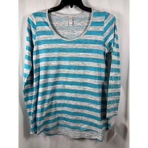 LuLaRoe Lynnae Top Womens Medium M Turquoise Blue Grey Striped Long Sleeve New